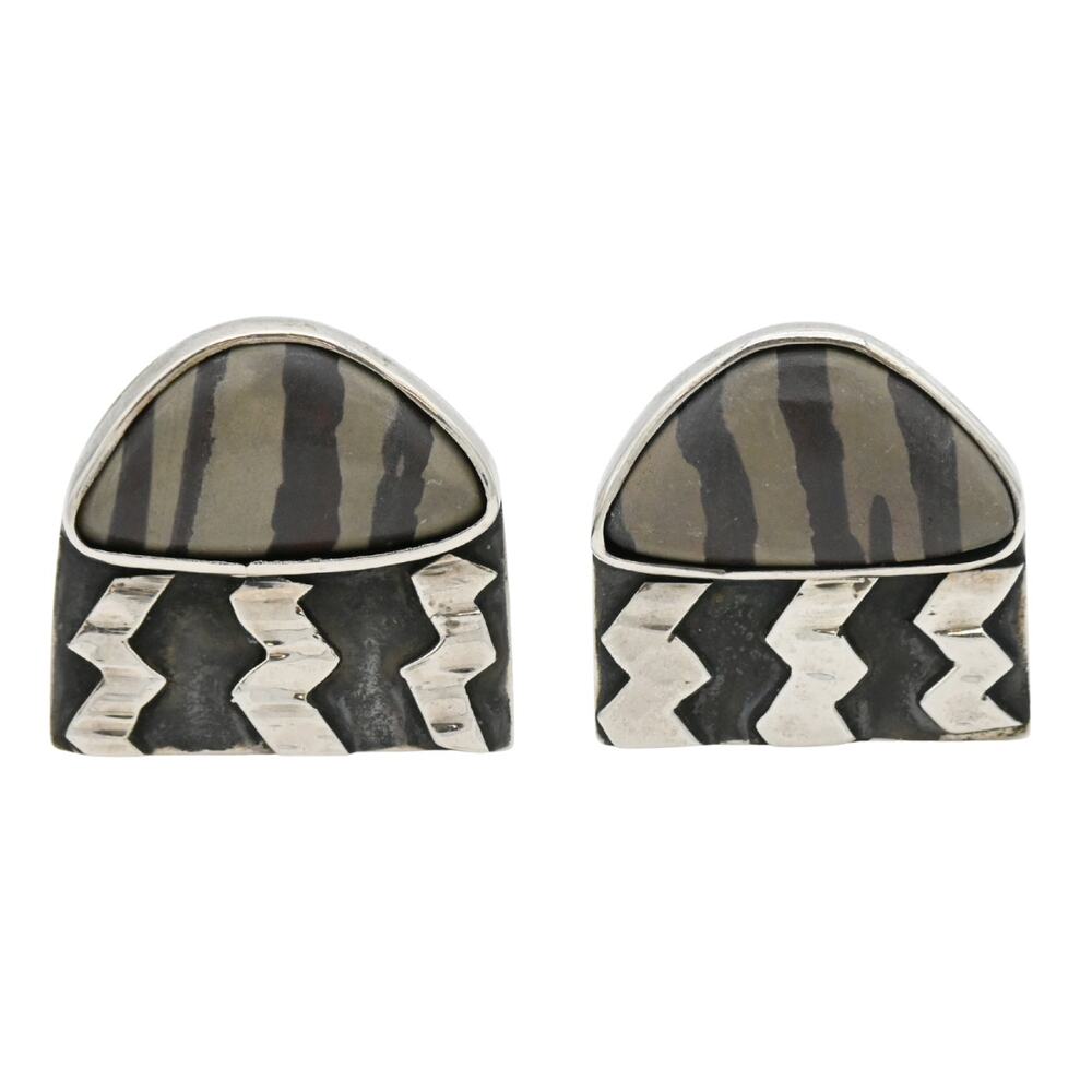 Dian Malouf Silver Gray Striped Stone Clip Earrings
